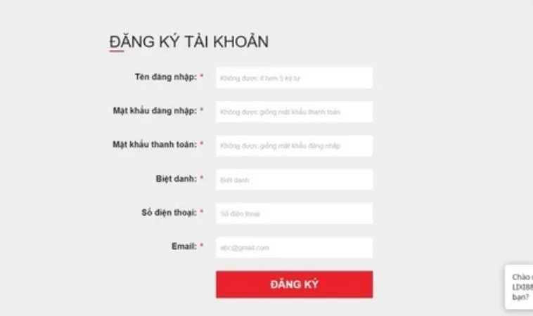 Giao diện đăng ký MMLive